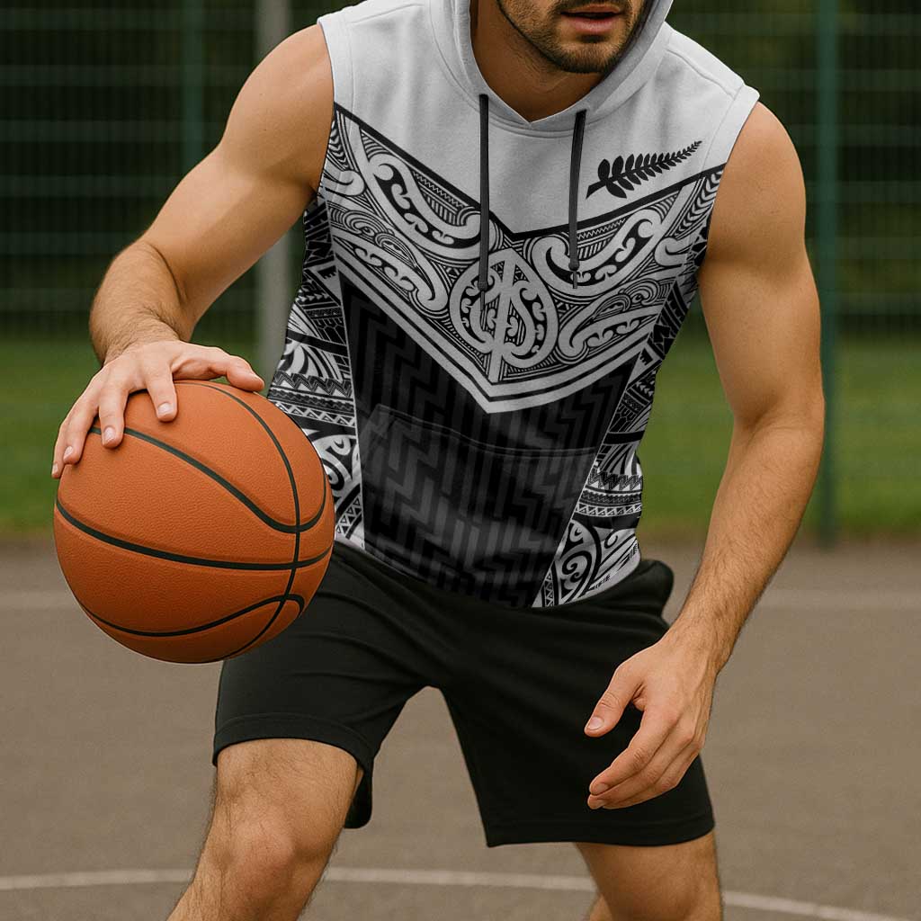 New Zealand Black Fern Custom Sleeveless Hoodie Maori Tukutuku Black-white Motif - Aussie Hoodie