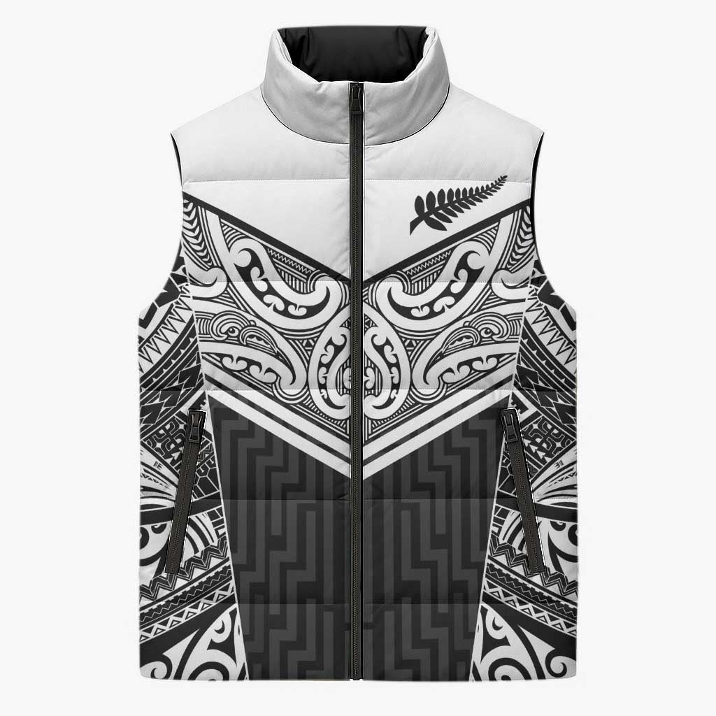 New Zealand Black Fern Custom Sleeveless Puffer Jacket Maori Tukutuku Black-white Motif - Aussie Hoodie