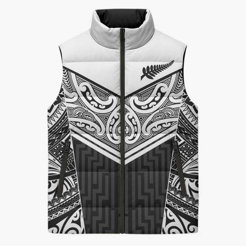 New Zealand Black Fern Custom Sleeveless Puffer Jacket Maori Tukutuku Black-white Motif - Aussie Hoodie