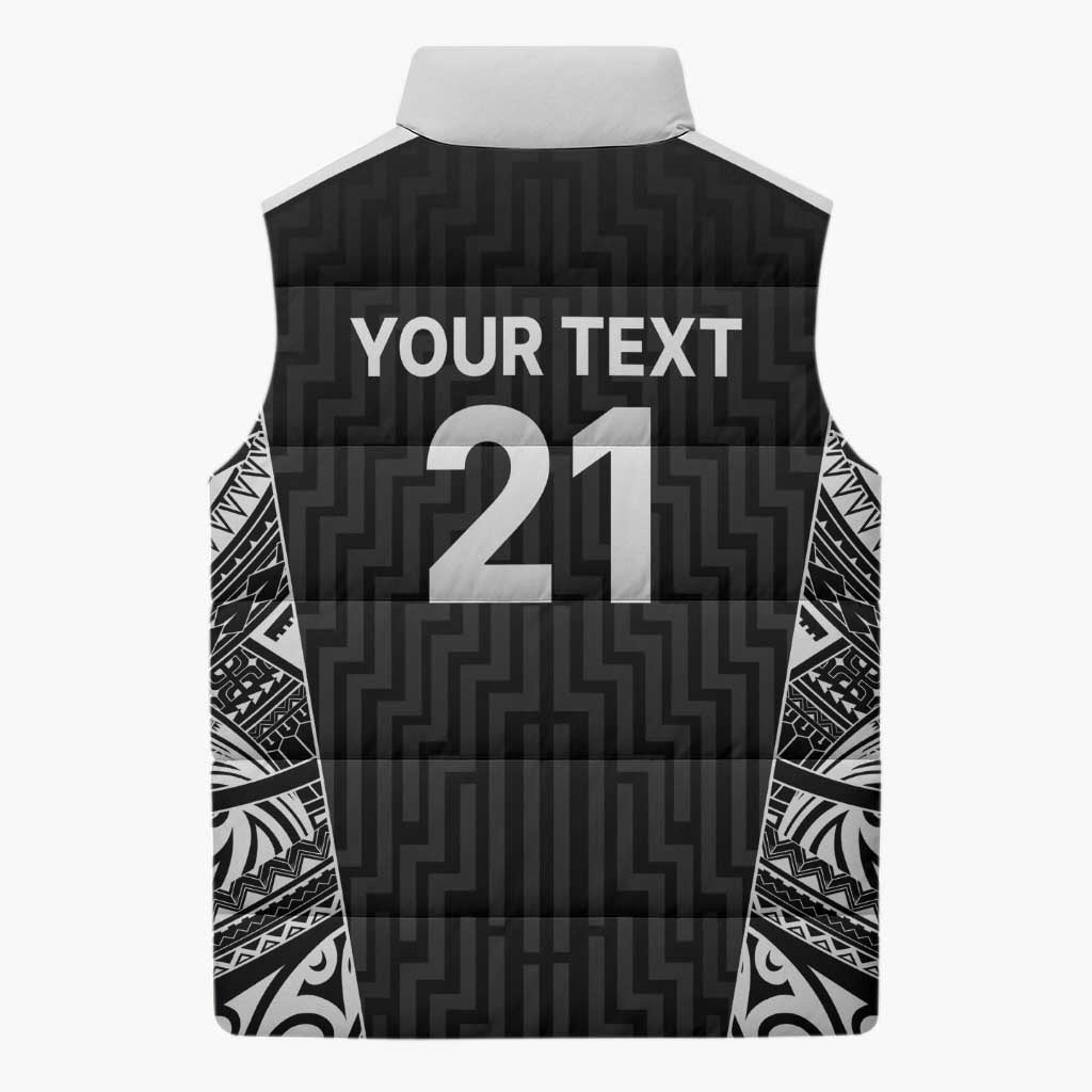 New Zealand Black Fern Custom Sleeveless Puffer Jacket Maori Tukutuku Black-white Motif - Aussie Hoodie