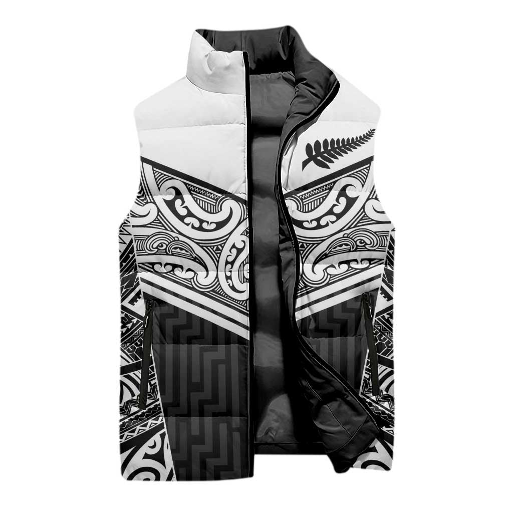 New Zealand Black Fern Custom Sleeveless Puffer Jacket Maori Tukutuku Black-white Motif - Aussie Hoodie