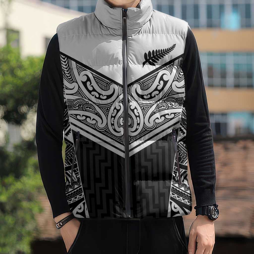 New Zealand Black Fern Custom Sleeveless Puffer Jacket Maori Tukutuku Black-white Motif - Aussie Hoodie