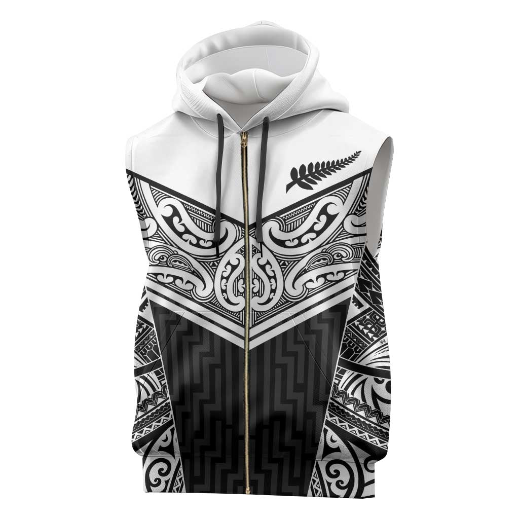 New Zealand Black Fern Custom Sleeveless Zip Hoodie Maori Tukutuku Black-white Motif - Aussie Hoodie