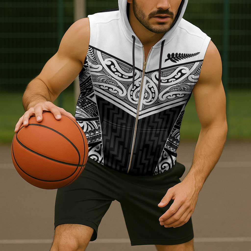 New Zealand Black Fern Custom Sleeveless Zip Hoodie Maori Tukutuku Black-white Motif - Aussie Hoodie