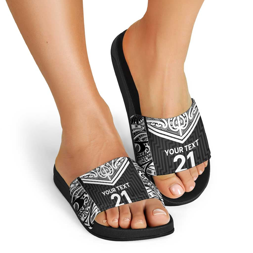 New Zealand Black Fern Custom Slide Sandals Maori Tukutuku Black-white Motif - Aussie Hoodie