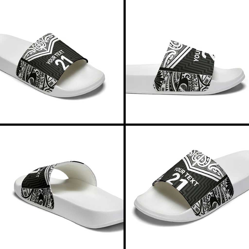 New Zealand Black Fern Custom Slide Sandals Maori Tukutuku Black-white Motif - Aussie Hoodie