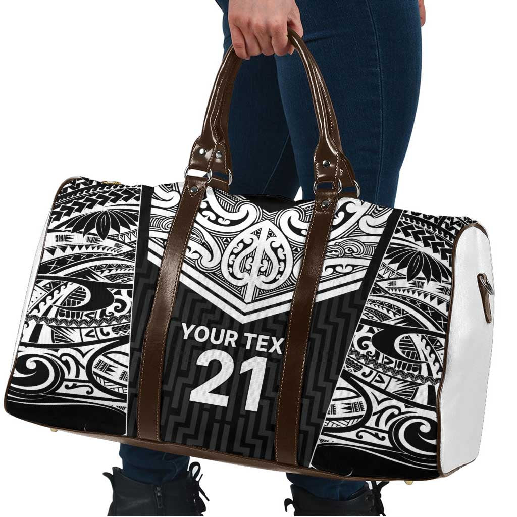 New Zealand Black Fern Custom Travel Bag Maori Tukutuku Black-white Motif - Aussie Hoodie