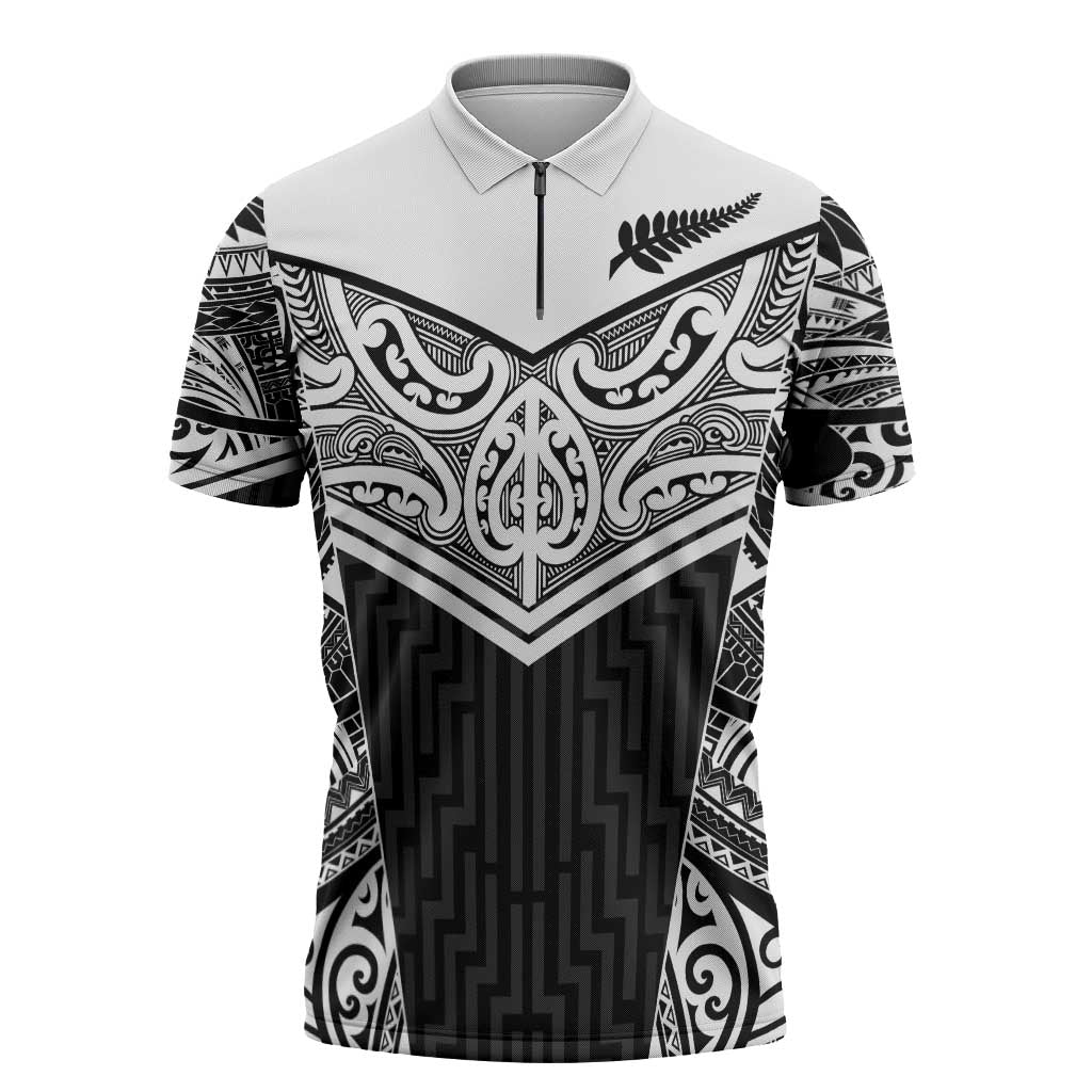 New Zealand Black Fern Custom Zipper Polo Shirt Maori Tukutuku Black-white Motif - Aussie Hoodie