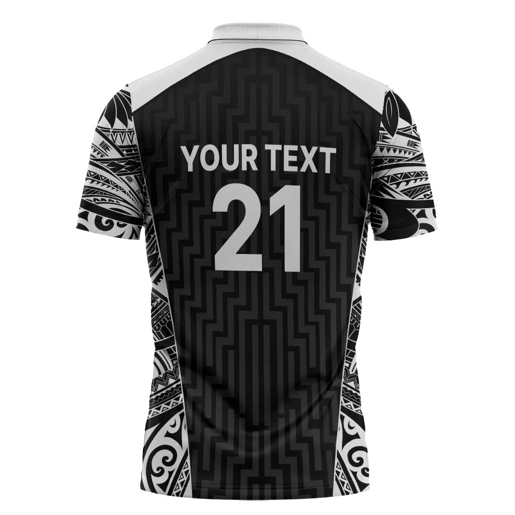 New Zealand Black Fern Custom Zipper Polo Shirt Maori Tukutuku Black-white Motif - Aussie Hoodie