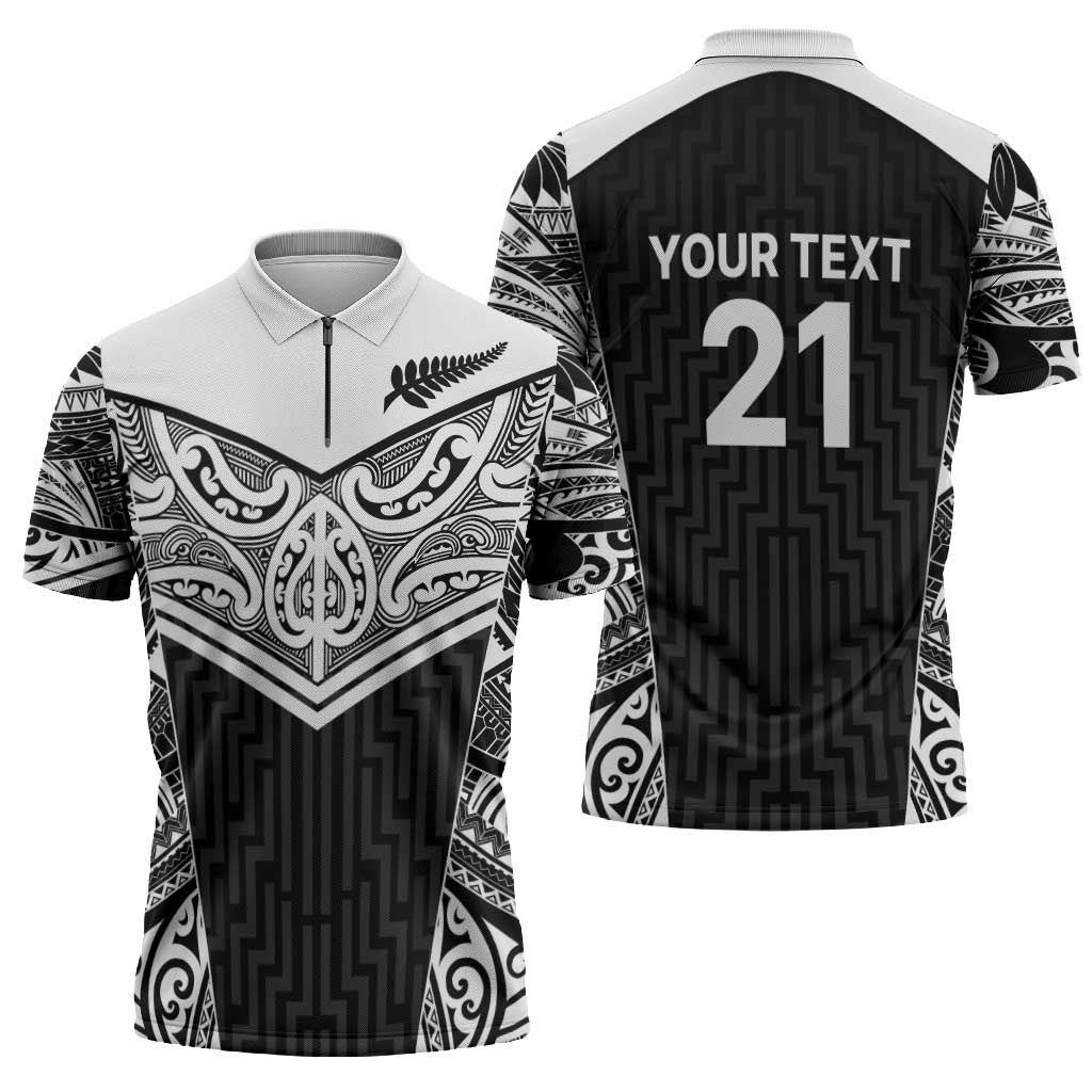 New Zealand Black Fern Custom Zipper Polo Shirt Maori Tukutuku Black-white Motif - Aussie Hoodie