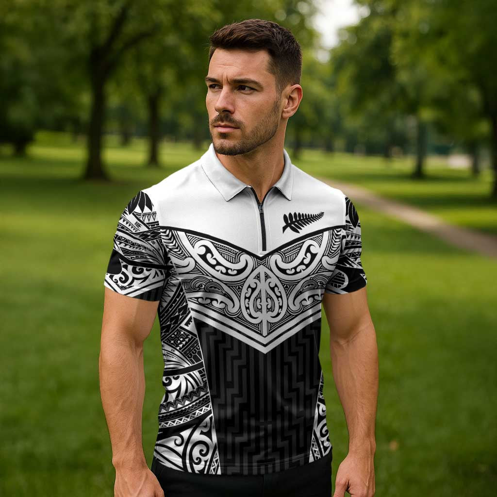 New Zealand Black Fern Custom Zipper Polo Shirt Maori Tukutuku Black-white Motif - Aussie Hoodie