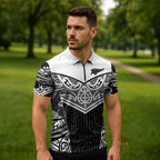 New Zealand Black Fern Custom Zipper Polo Shirt Maori Tukutuku Black-white Motif - Aussie Hoodie