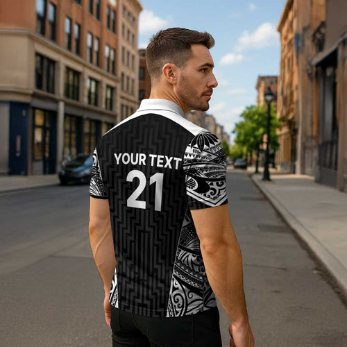 New Zealand Black Fern Custom Zipper Polo Shirt Maori Tukutuku Black-white Motif - Aussie Hoodie