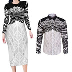 New Zealand Koru Fern Custom Couples Matching Long Sleeve Bodycon Dress and Long Sleeve Button Shirt Simple Taniko Motif