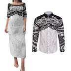 New Zealand Koru Fern Custom Couples Matching Puletasi and Long Sleeve Button Shirt Simple Taniko Motif