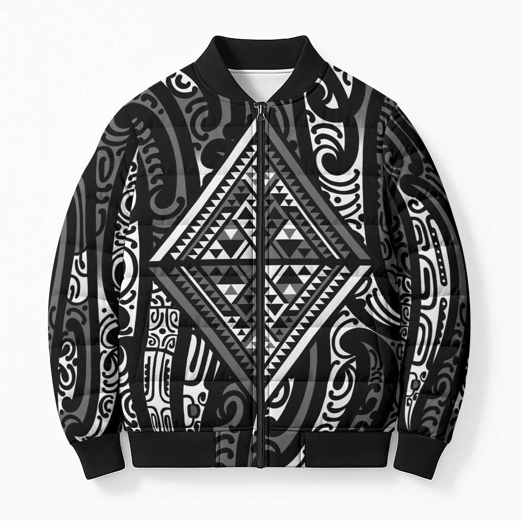 New Zealand Maori Taniko Bomber Puffer Jacket Black Kowhaiwhai Puhoro - Aussie Hoodie