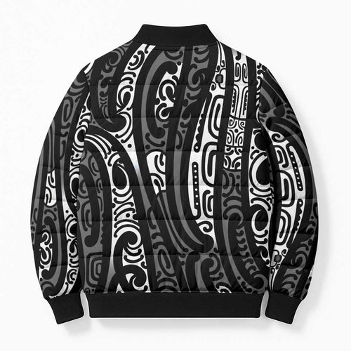 New Zealand Maori Taniko Bomber Puffer Jacket Black Kowhaiwhai Puhoro - Aussie Hoodie