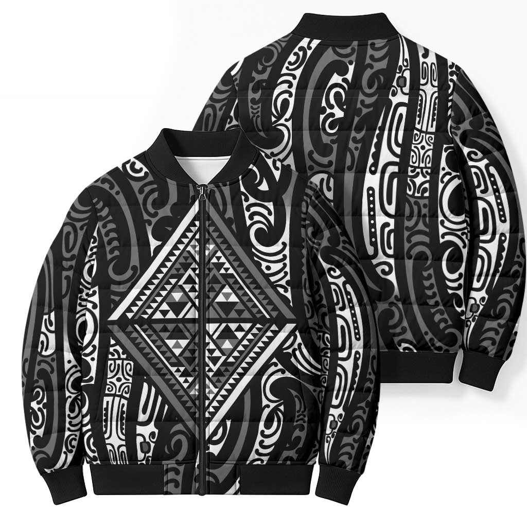 New Zealand Maori Taniko Bomber Puffer Jacket Black Kowhaiwhai Puhoro - Aussie Hoodie