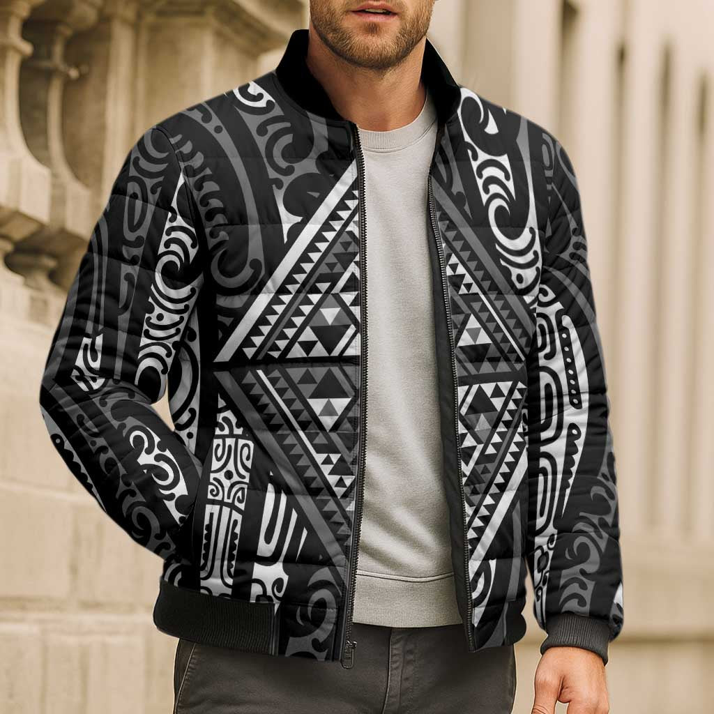 New Zealand Maori Taniko Bomber Puffer Jacket Black Kowhaiwhai Puhoro - Aussie Hoodie
