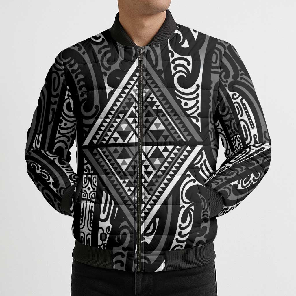 New Zealand Maori Taniko Bomber Puffer Jacket Black Kowhaiwhai Puhoro - Aussie Hoodie