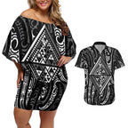 New Zealand Maori Taniko Couples Matching Off Shoulder Short Dress and Hawaiian Shirt Black Kowhaiwhai Puhoro