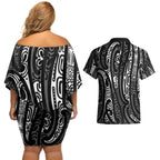 New Zealand Maori Taniko Couples Matching Off Shoulder Short Dress and Hawaiian Shirt Black Kowhaiwhai Puhoro