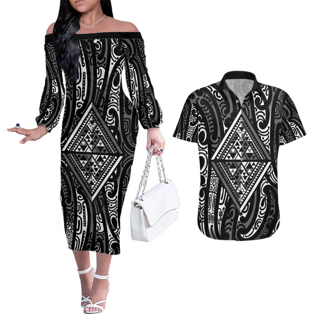 New Zealand Maori Taniko Couples Matching Off The Shoulder Long Sleeve Dress and Hawaiian Shirt Black Kowhaiwhai Puhoro