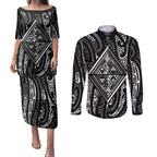 New Zealand Maori Taniko Couples Matching Puletasi and Long Sleeve Button Shirt Black Kowhaiwhai Puhoro