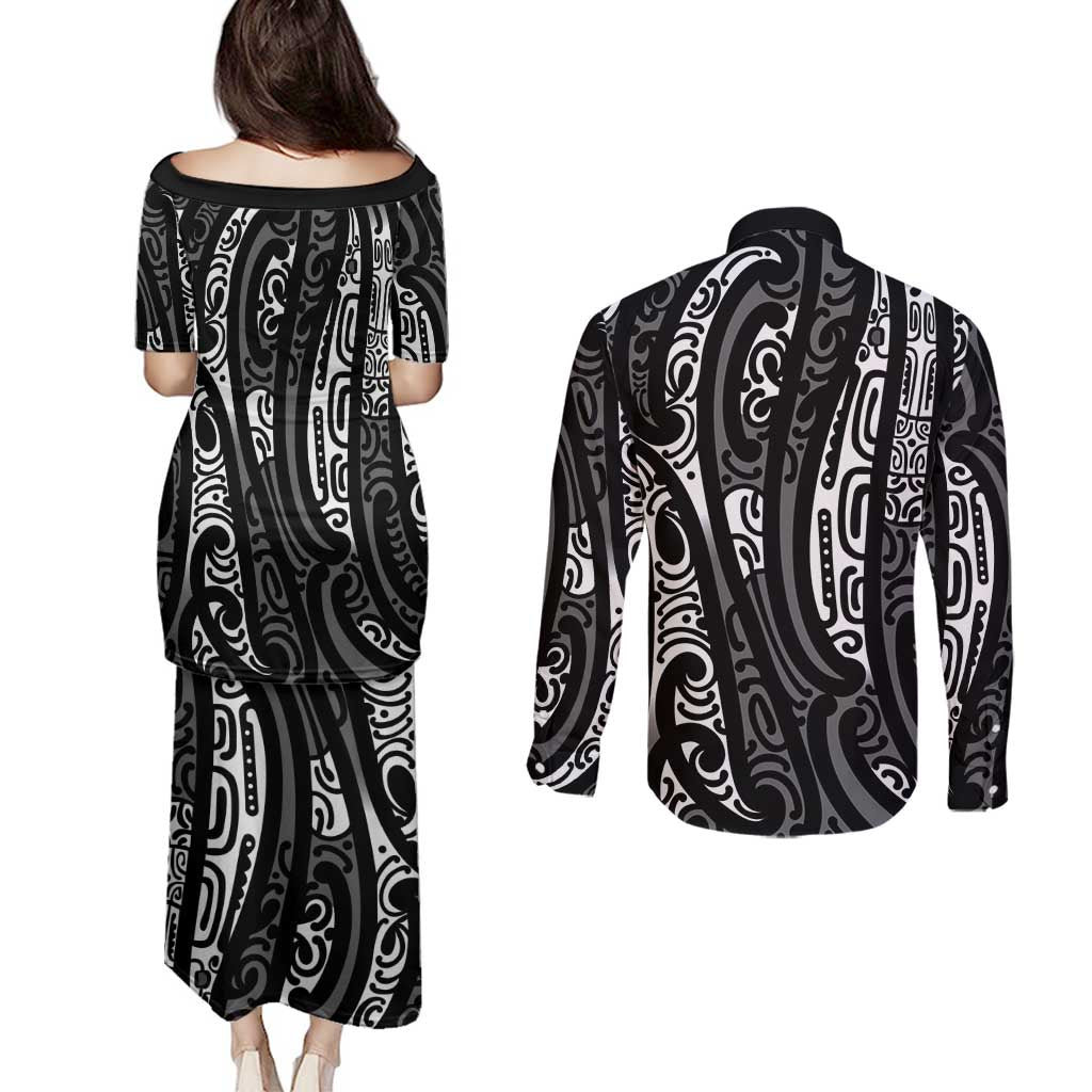 New Zealand Maori Taniko Couples Matching Puletasi and Long Sleeve Button Shirt Black Kowhaiwhai Puhoro