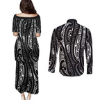 New Zealand Maori Taniko Couples Matching Puletasi and Long Sleeve Button Shirt Black Kowhaiwhai Puhoro