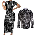 New Zealand Maori Taniko Couples Matching Short Sleeve Bodycon Dress and Long Sleeve Button Shirt Black Kowhaiwhai Puhoro