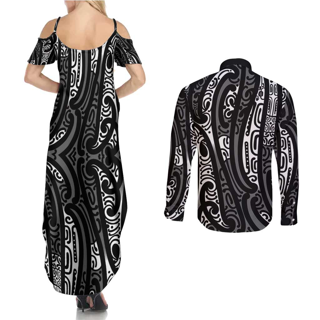 New Zealand Maori Taniko Couples Matching Summer Maxi Dress and Long Sleeve Button Shirt Black Kowhaiwhai Puhoro