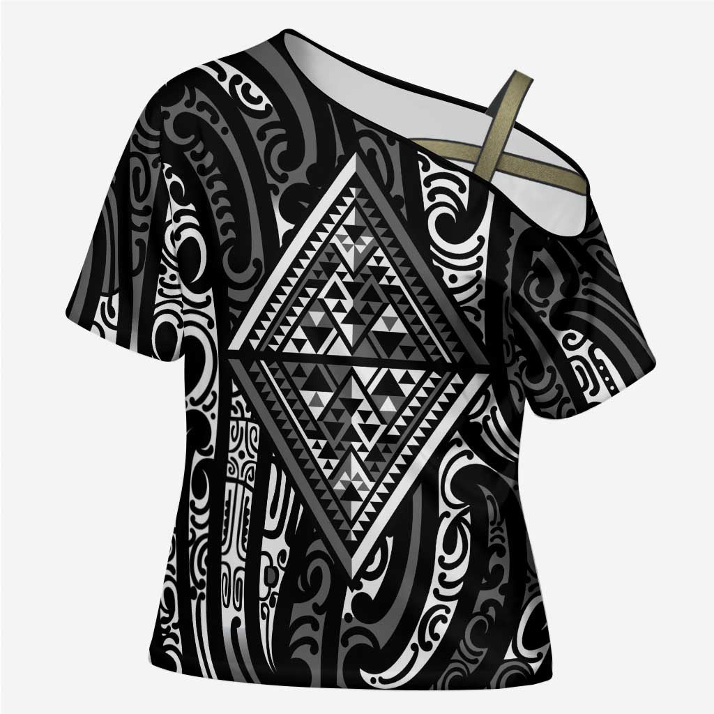 New Zealand Maori Taniko Cross Shoulder Shirt Black Kowhaiwhai Puhoro - Aussie Hoodie