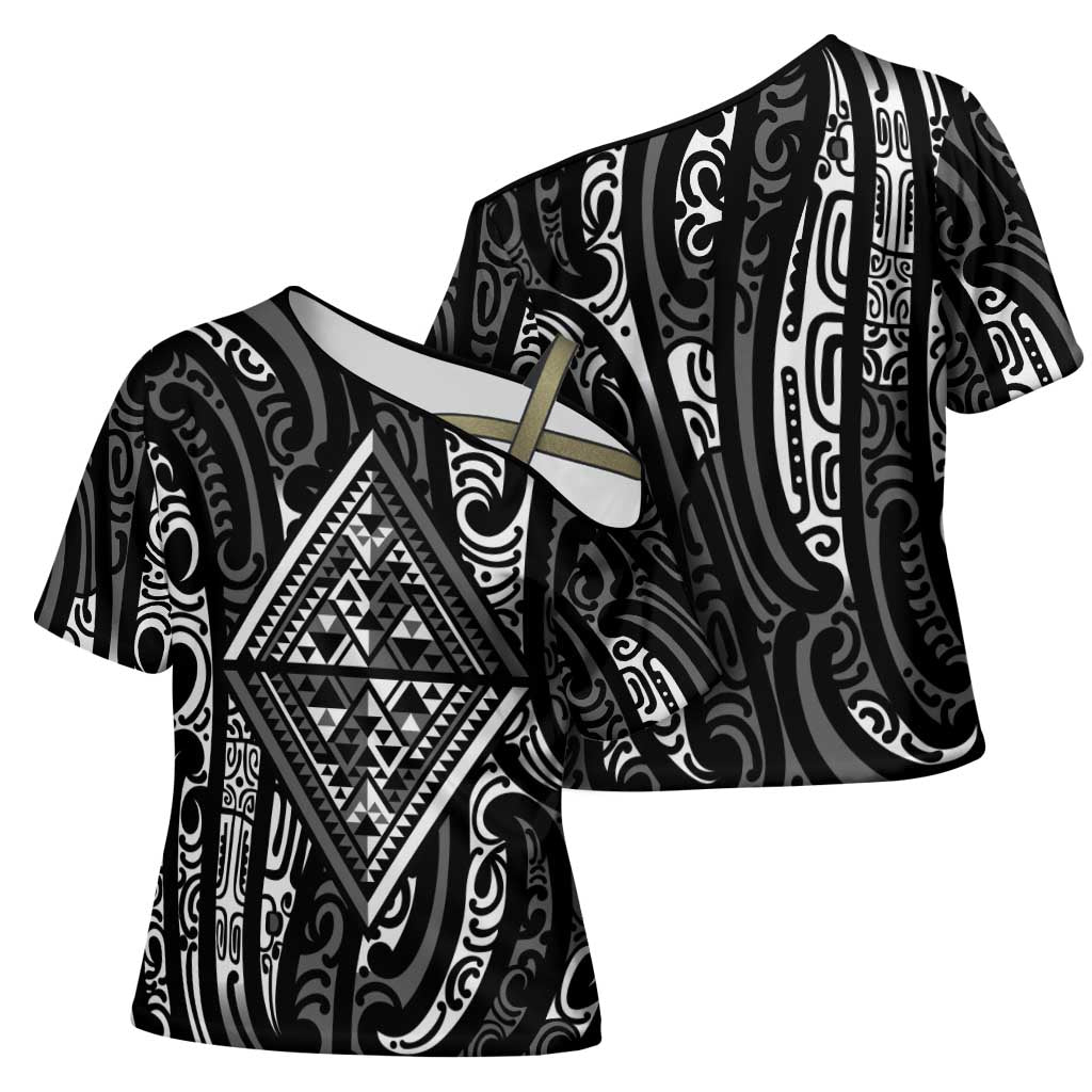New Zealand Maori Taniko Cross Shoulder Shirt Black Kowhaiwhai Puhoro - Aussie Hoodie