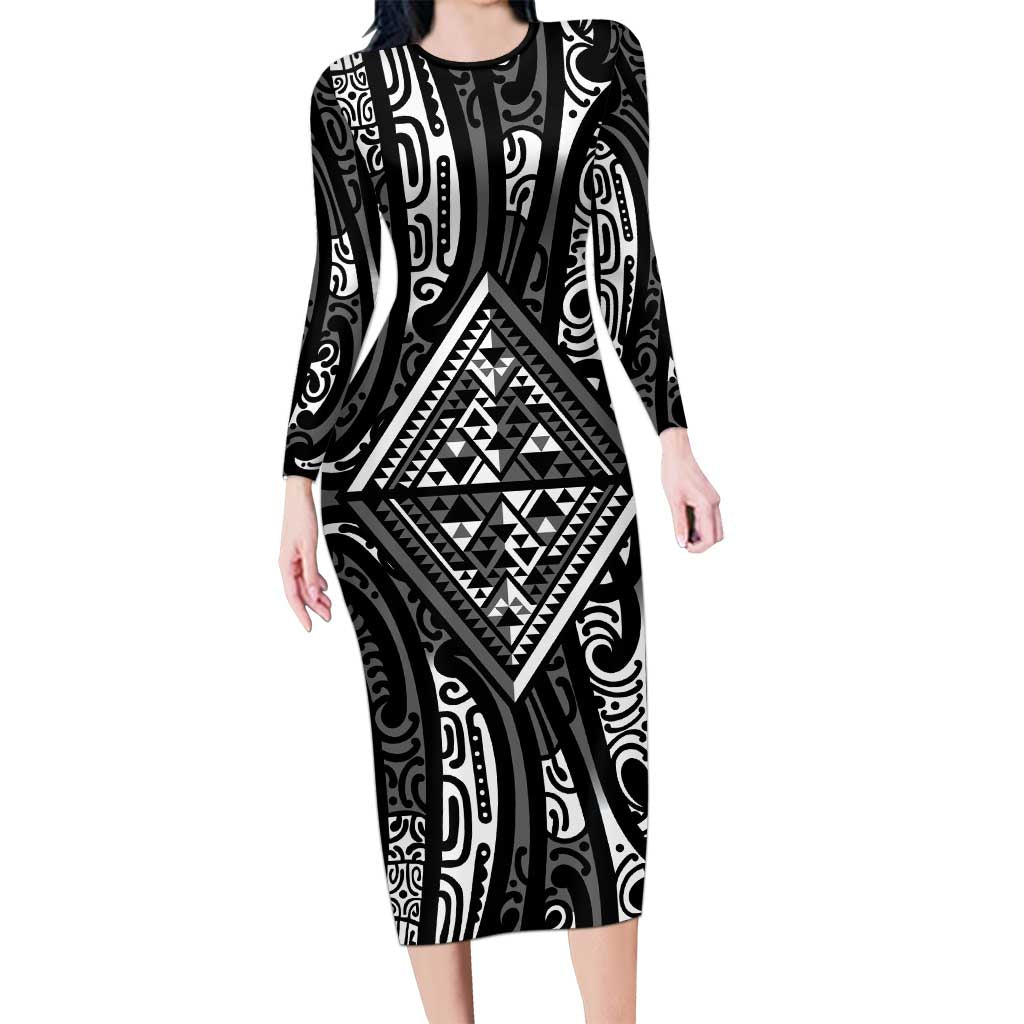 New Zealand Maori Taniko Family Matching Long Sleeve Bodycon Dress and Hawaiian Shirt Black Kowhaiwhai Puhoro