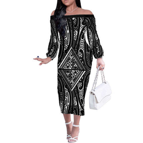 New Zealand Maori Taniko Family Matching Off The Shoulder Long Sleeve Dress and Hawaiian Shirt Black Kowhaiwhai Puhoro