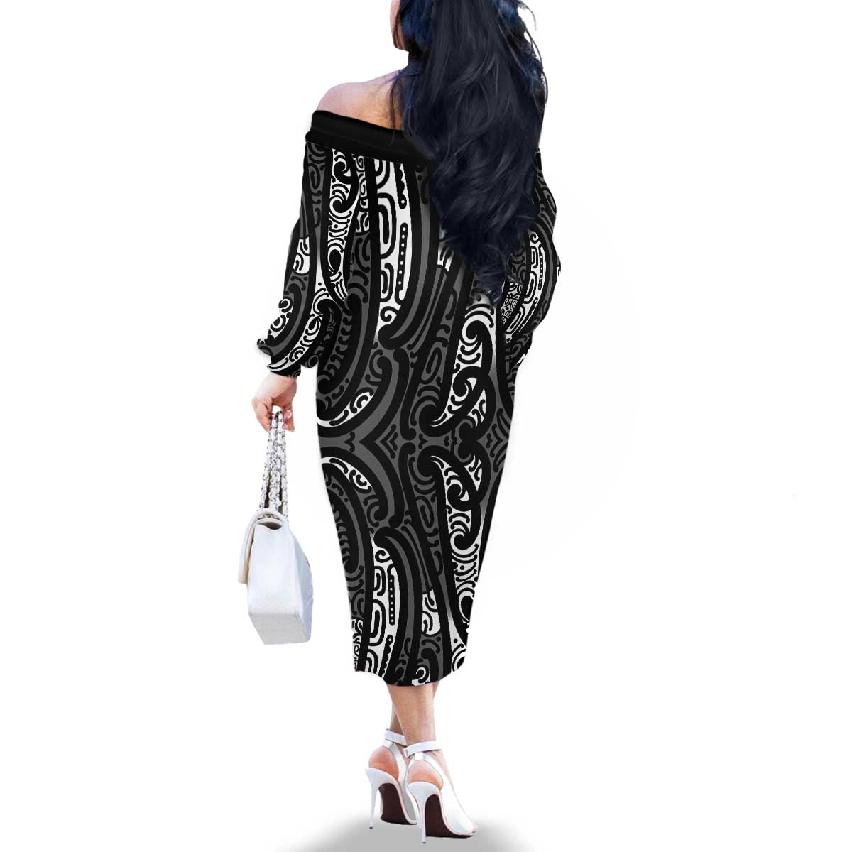 New Zealand Maori Taniko Family Matching Off The Shoulder Long Sleeve Dress and Hawaiian Shirt Black Kowhaiwhai Puhoro