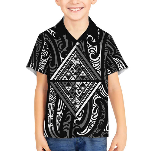 New Zealand Maori Taniko Family Matching Off Shoulder Short Dress and Hawaiian Shirt Black Kowhaiwhai Puhoro