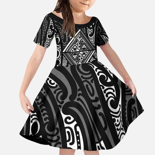 New Zealand Maori Taniko Family Matching Puletasi and Hawaiian Shirt Black Kowhaiwhai Puhoro