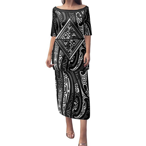 New Zealand Maori Taniko Family Matching Puletasi and Hawaiian Shirt Black Kowhaiwhai Puhoro