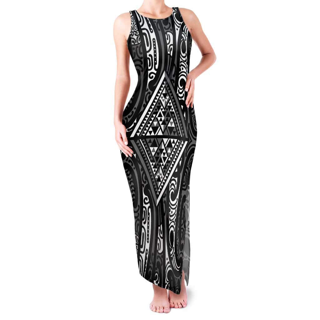 New Zealand Maori Taniko Family Matching Tank Maxi Dress and Hawaiian Shirt Black Kowhaiwhai Puhoro