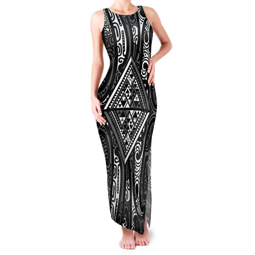 New Zealand Maori Taniko Family Matching Tank Maxi Dress and Hawaiian Shirt Black Kowhaiwhai Puhoro