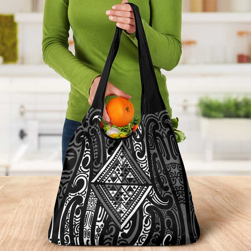 New Zealand Maori Taniko Grocery Bag Black Kowhaiwhai Puhoro