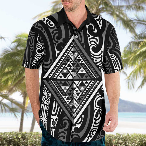 New Zealand Maori Taniko Hawaiian Shirt Black Kowhaiwhai Puhoro