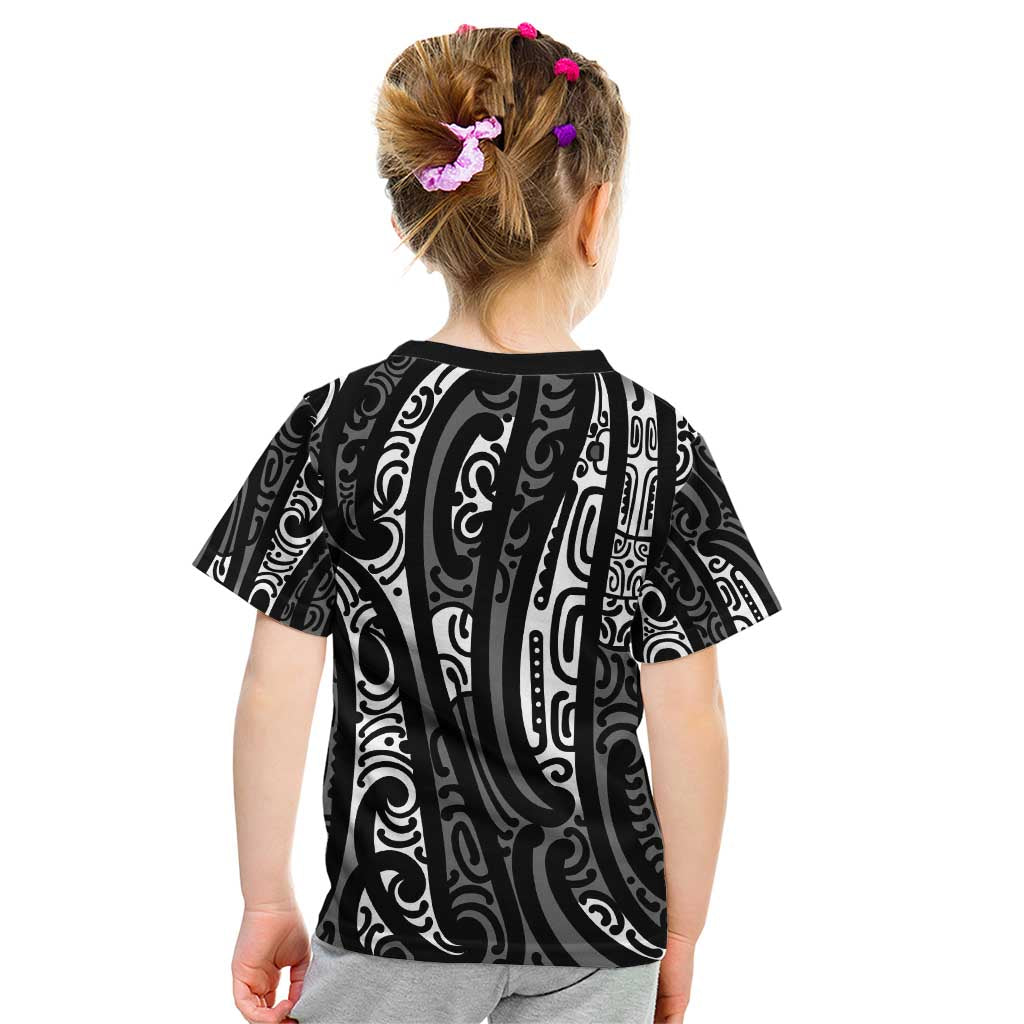 New Zealand Maori Taniko Kid T Shirt Black Kowhaiwhai Puhoro