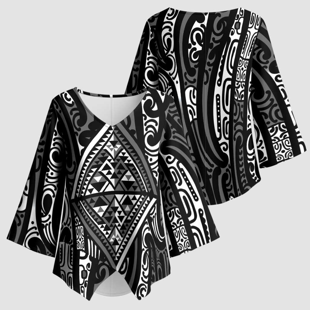 New Zealand Maori Taniko Kimono Sleeve Blouse Black Kowhaiwhai Puhoro - Aussie Hoodie