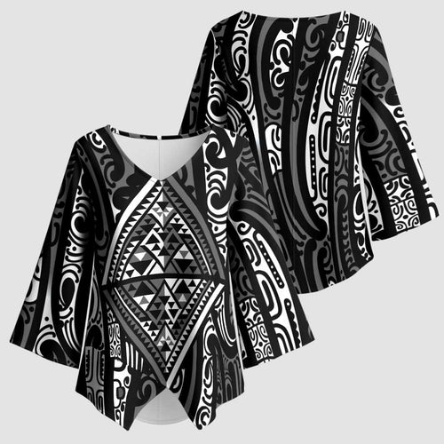 New Zealand Maori Taniko Kimono Sleeve Blouse Black Kowhaiwhai Puhoro - Aussie Hoodie