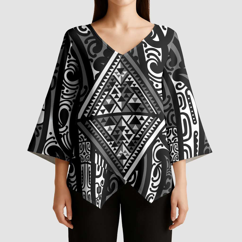 New Zealand Maori Taniko Kimono Sleeve Blouse Black Kowhaiwhai Puhoro - Aussie Hoodie
