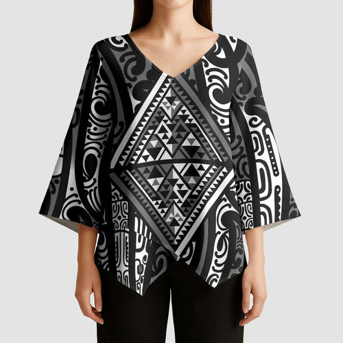 New Zealand Maori Taniko Kimono Sleeve Blouse Black Kowhaiwhai Puhoro - Aussie Hoodie