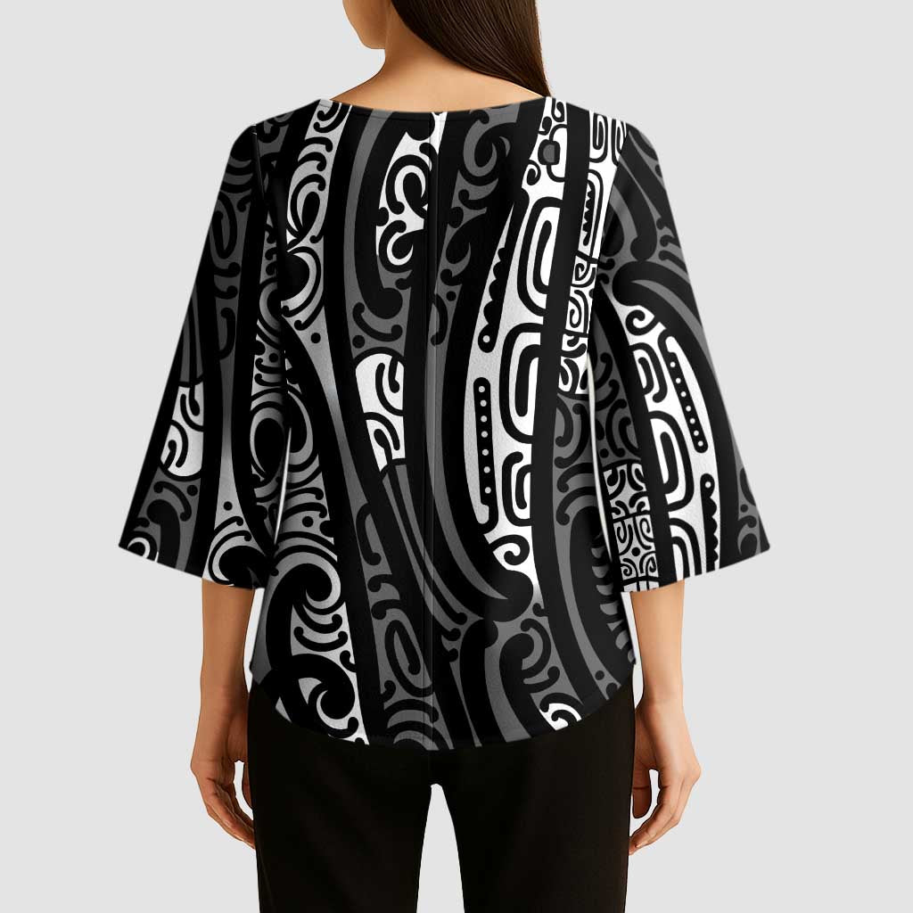 New Zealand Maori Taniko Kimono Sleeve Blouse Black Kowhaiwhai Puhoro - Aussie Hoodie